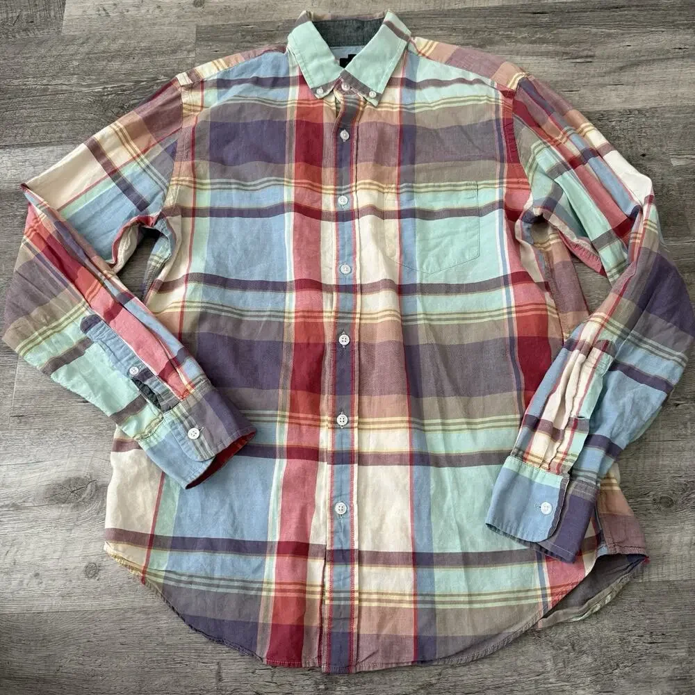 J Crew Madras Shirt Mens Medium Plaid Button-Up Long Sleeve Cotton Lightweight